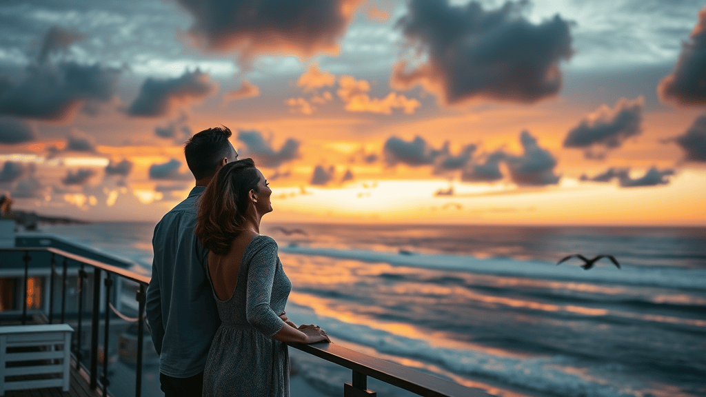 Picturesque waterfront property in Corolla, NC, couple admiring ocean sunset from balcony surrounded by dramatic skies and gliding seabirds