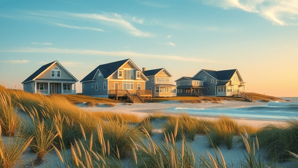 outer banks real estate - sunlit coastal homes with serene, inviting exteriors among sand dunes and sea grass, pastel coastal colors, picturesque shoreline