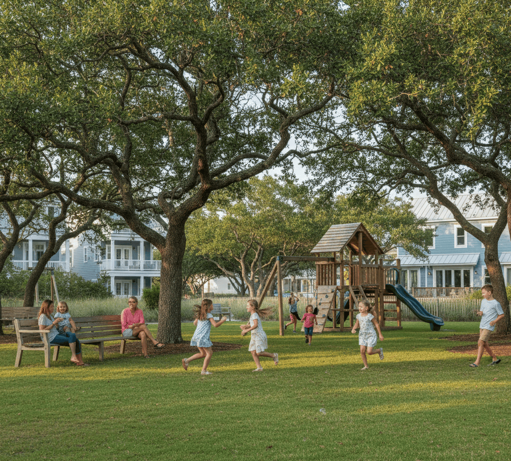 family friendly neighborhood in Duck NC joyful children playing in a tree shaded community park