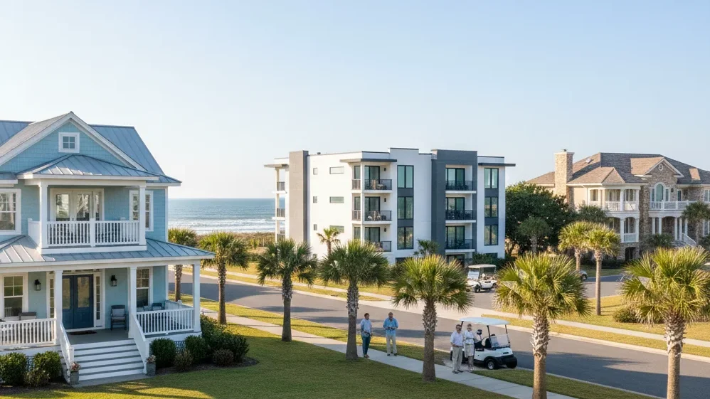 Diverse range of homes for sale in Kill Devil Hills, including beach cottages, condos, and luxury estates, with buyers touring properties on a palm-lined street
