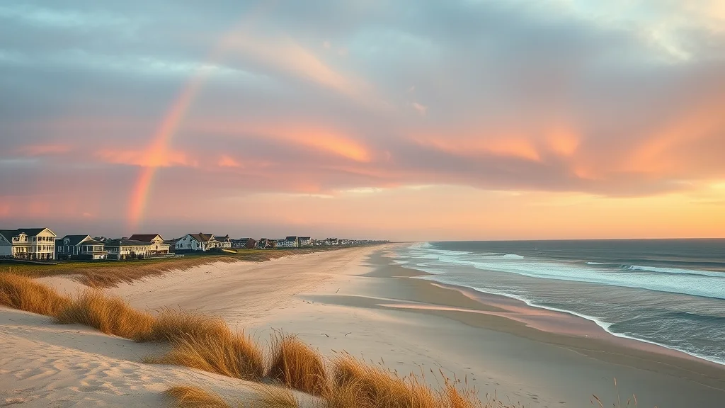 Panoramic sunrise over rolling dunes and homes dotting Kill Devil Hills Outer Banks coastline